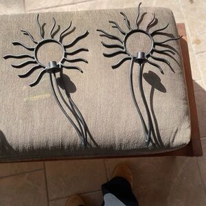 Pair Crate & Barrel Wrought Iron Sun Wall Tapered Candle Holder Decor  20” x 12”
